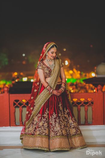 maroon velvet bridal lehenga