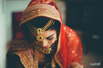 Red Dupatta and Gold Layered Mathapatti