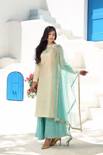 Off White Suit with Pastel Blue Pants