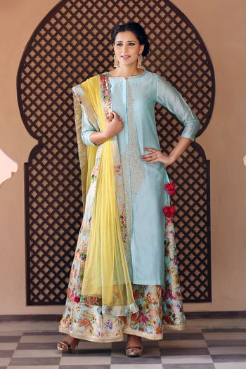 Pallazo pants with silk kurta and yellow dupatta