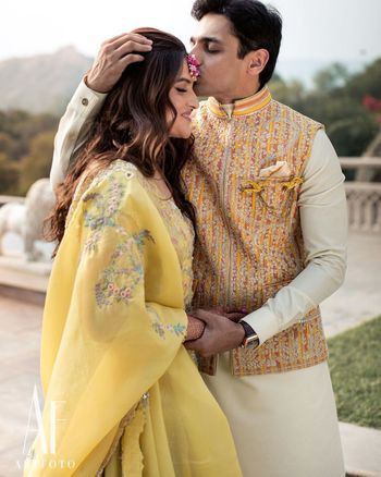 Photo of A romantic moment between the bride and the groom