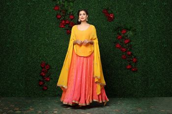 Peach Lehenga with Yellow Cape Blouse