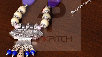 Designer Necklace with German Silver Pendant and Semi precious Beads