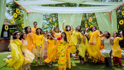 Haldi with coordinated bridesmaids sari's  