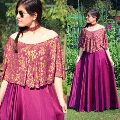 Photo of Off-shoulder purple cape lehenga with choker