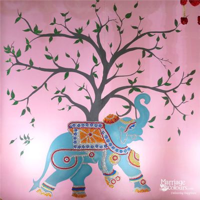 Lakshmi Kalyanam art theme backdrop fully handmade with flowers and highlighted on both sides with elephants hand painted and decorated with colourful kundan stones  #Ashanakalyanam @sheratonchennai