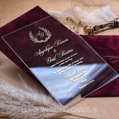 Beautiful Acrylic invitation | Spl burgundy soft touch material envelope