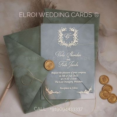 Beautiful Acrylic invitation | Spl Silver Green  soft touch material envelope