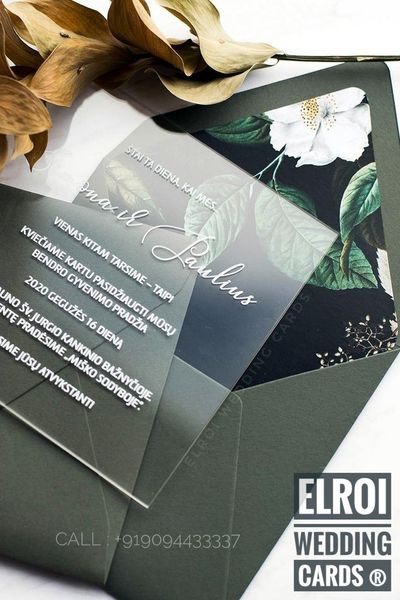 Beautiful Acrylic invitation  Smooth handmade green eco friendly envelope , envelope inner digital flower design pasting