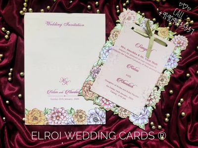 Floral theme Wood frame invitation | Card wood floral design print & Gold foil and Laser-cut , Cover bottom design print and Gold foil | two inserts floral watermark design, insert tying knots ribbon with Card.