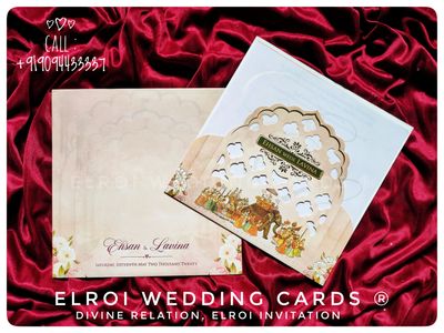 Oorvalam theme die-cut Design invitation | Card and Cover digital design , Card front Couple names engraved and Pasting, with 3 inserts.