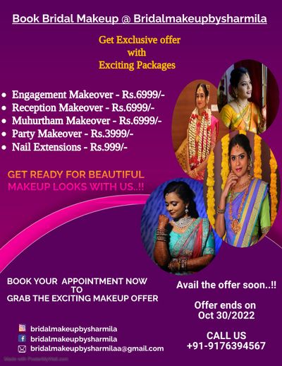 Dear brides and bride to be's exciting offers are booking fast. Book your slot soon. We have all kinds of makeover starting from 6999/-. Hurry...!!!
