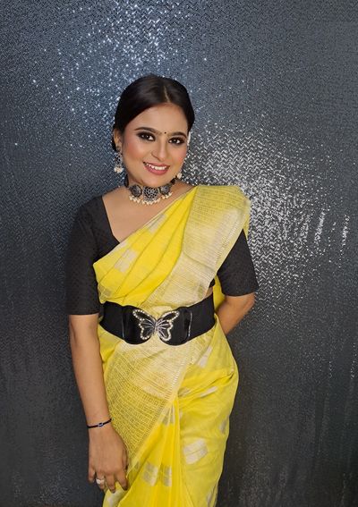 party yellow  sari smokey  look