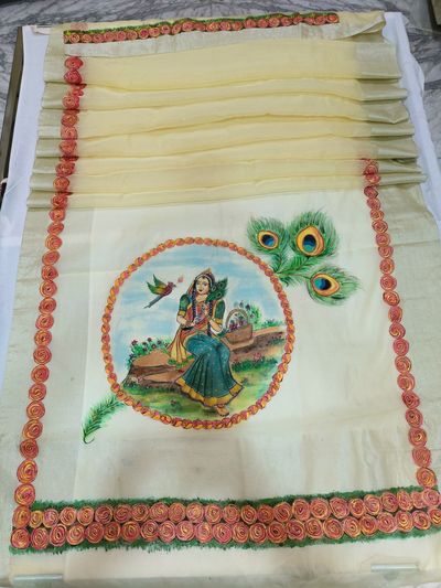 Hand painted yellow saree