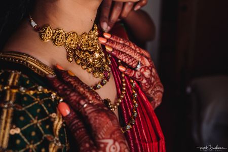 Photo of South indian bridal jewellery with a temple necklace
