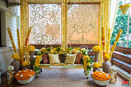 Beautiful Haldi decor with hand painted details 
