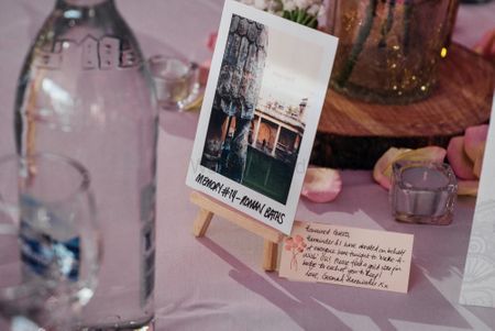 Photo of Photographs as table centerpieces at wedding