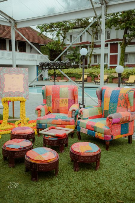 Photo of outdoor seating idea with colourful elements for mehendi at home