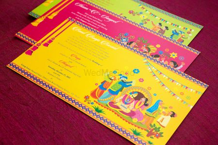 yellow pink and green wedding card