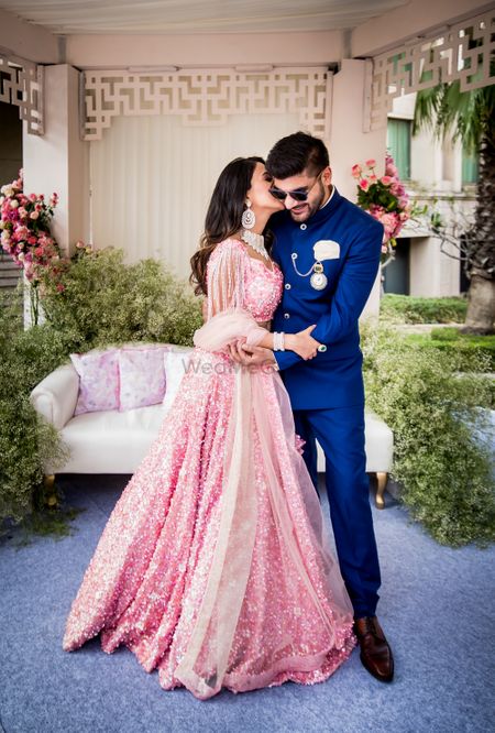 Engagement couple portrait with pink lehenga 