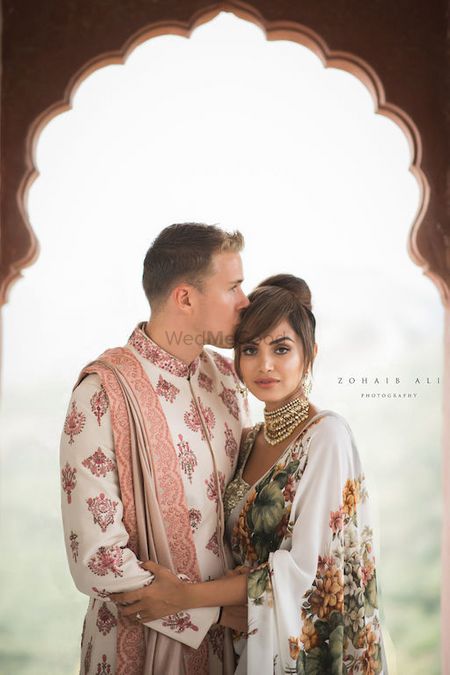 Photo of Mehendi couple portrait bride in saree