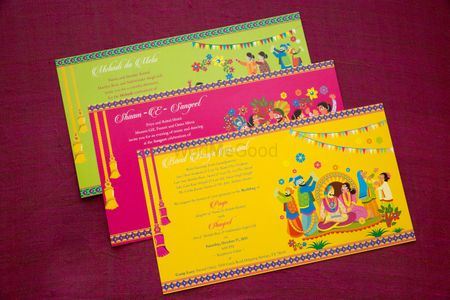 yellow pink and green wedding card
