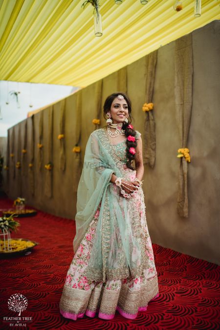 Mehendi bridal look with mint and pink lehenga 