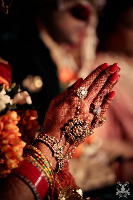 Photo of Bridal Haathphool on Mehendi Hands and Engagement Ring
