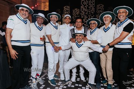 Photo of A cricket themed outfit look for father of the bride with his friends for the after party