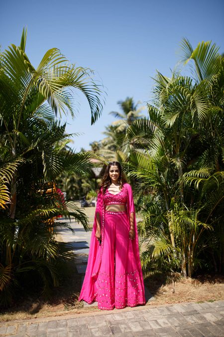 Photo of bright pink indo western outfit for summery mehendi