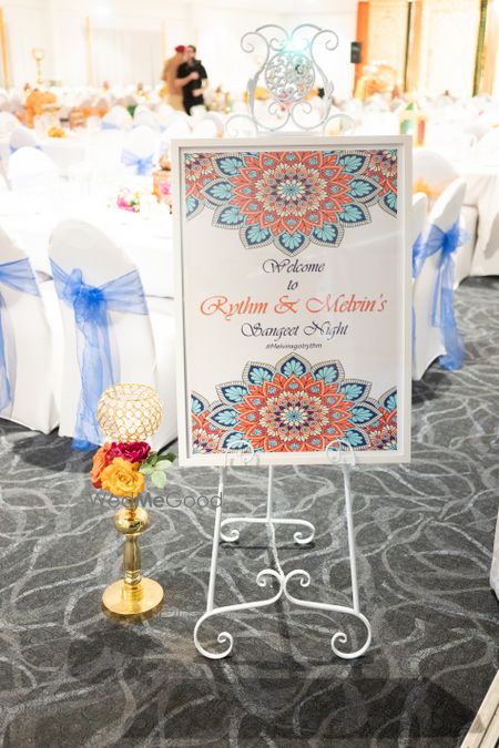 Photo of Welcome board at the entrance of the sangeet function