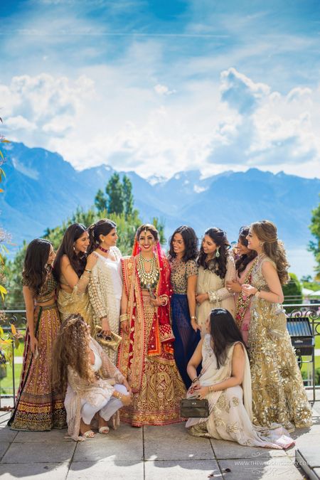 Photo of Bride with bridesmaids in Switzerland wedding