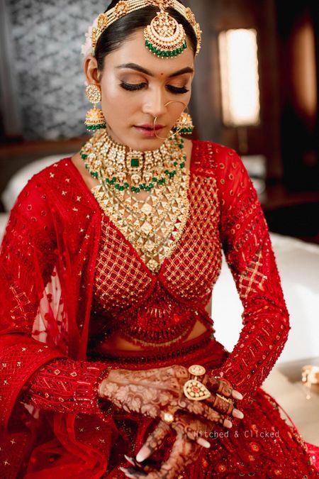 Bridal close-up shot with her gold and polki jewellery set 