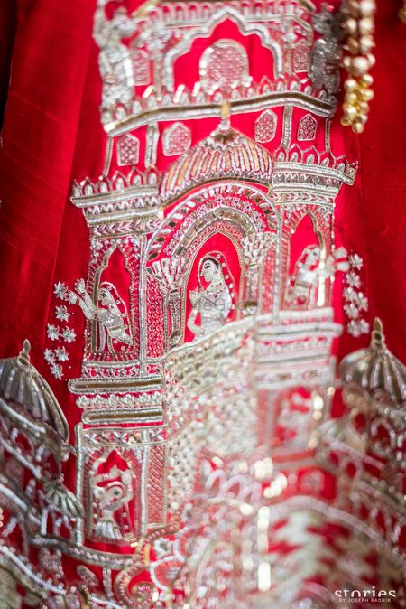 Unique bridal lehenga with palki design embroidery