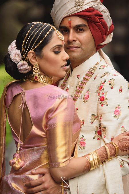 south indian couple portrait with bridal hair jewellery