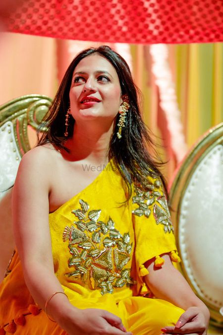 Yellow one shoulder gown for mehendi 