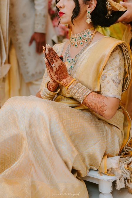 Gold bridal kanjeevaram with diamond jewellery 