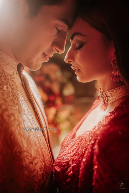 Close up couple portrait for the bride and groom on the sangeet cocktail event