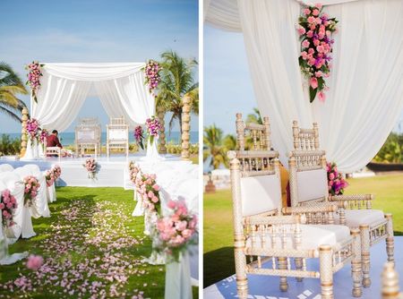 Photo of white and pink mandap and stage Goa wedding by Golden Aisle Decor