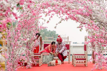 Photo of Beachside floral mandap in light pink