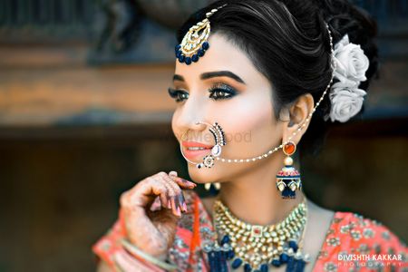 Classic bridal portrait with bride wearing silver Nath 