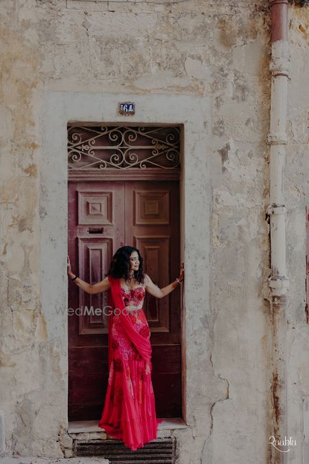 Photo of Fun indo-western lehenga with floral applique detailing and an a-line lehenga skirt