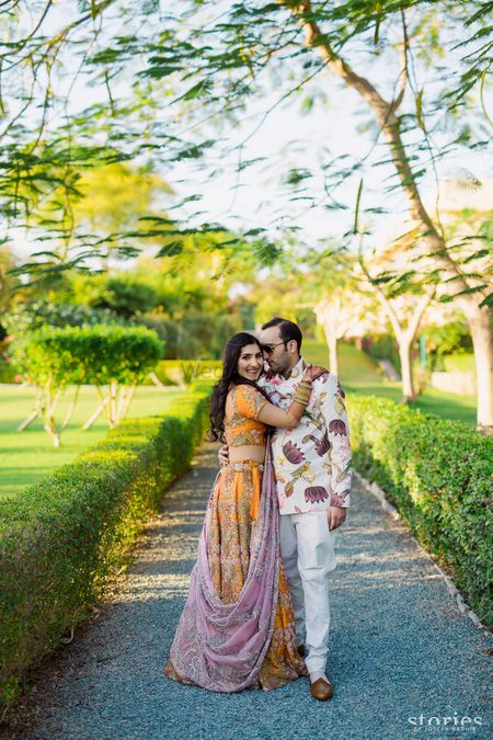 Yellow Wedding Photoshoot & Poses Photo Yellow and lavender lehenga by Anamika khanna