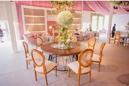 Photo of pretty round table setting with floral centrepiece