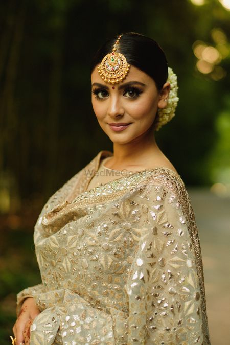 Photo of Bridal look for engagement with maangtikka