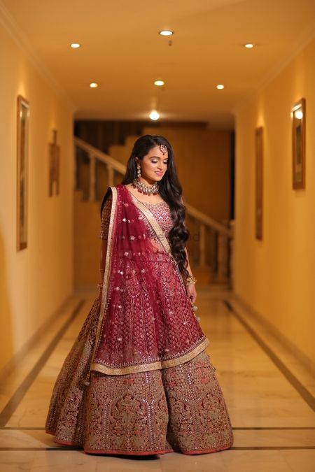 Embroidered maroon and gold lehenga 
