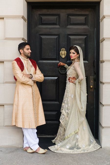 Photo of cream sharara with lace for nikah ceremony
