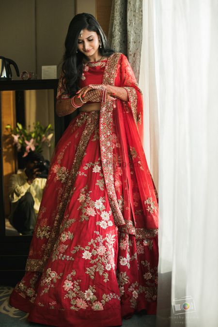 Red floral lehenga for reception 