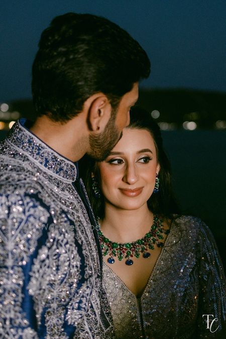 Photo of Exquisite bridal necklace for the sangeet event with emeralds and rubies that was such a statement