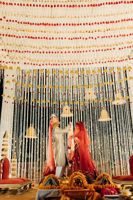couple during varmala on their wedding 